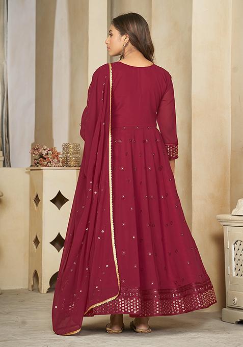 Maroon Embroidered Georgette Anarkali Kurta Set