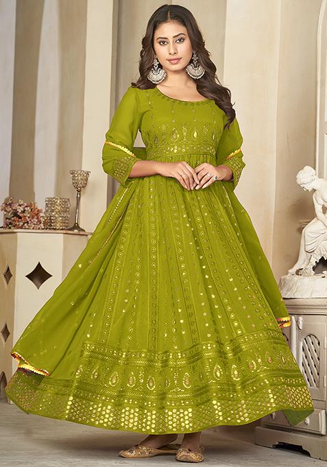 Mehendi Green Embroidered Georgette Anarkali Kurta Set