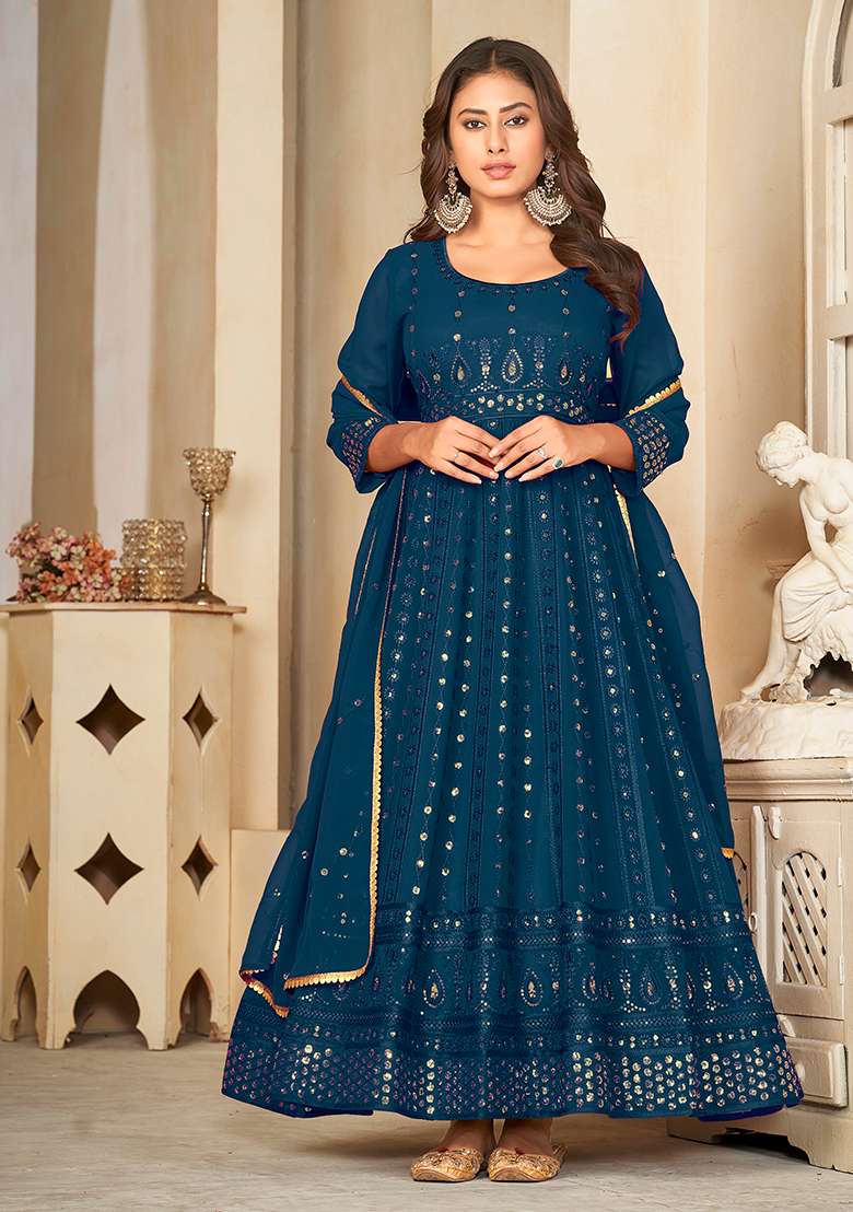 Rama Blue Embroidered Georgette Anarkali Kurta Set - Indya