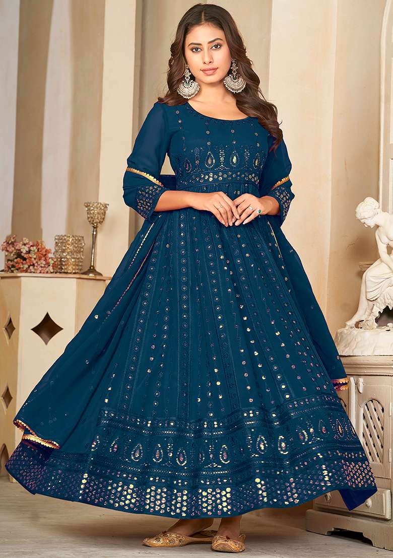 Rama Blue Embroidered Georgette Anarkali Kurta Set - Indya