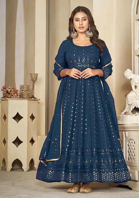 Rama Blue Embroidered Georgette Anarkali Kurta Set