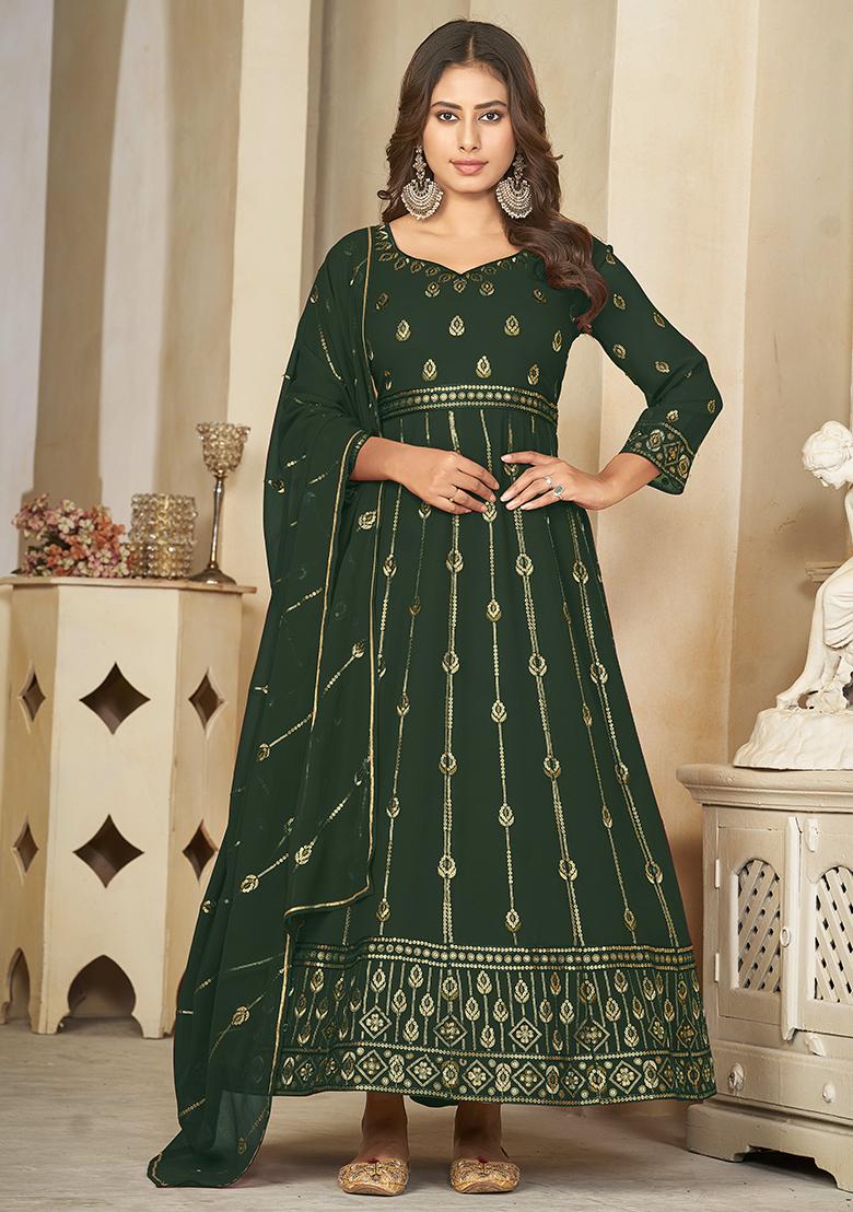 Green Embroidered Georgette Anarkali Kurta Set
