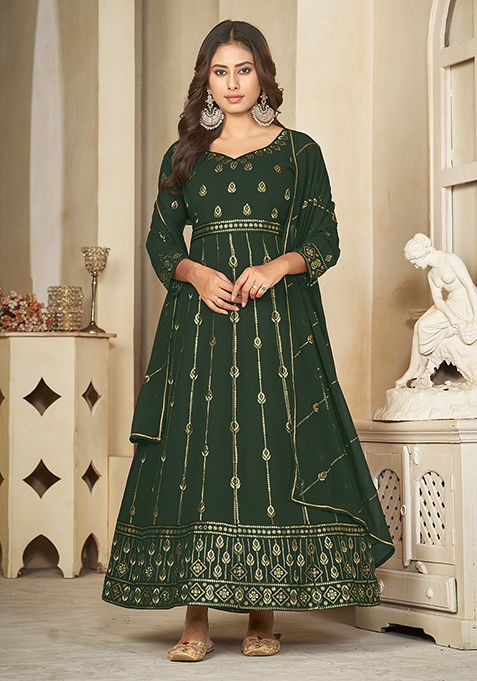 Green Embroidered Georgette Anarkali Kurta Set