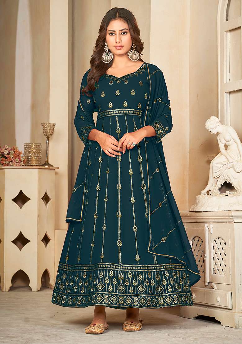 Rama Blue Embroidered Georgette Anarkali Kurta Set - Indya