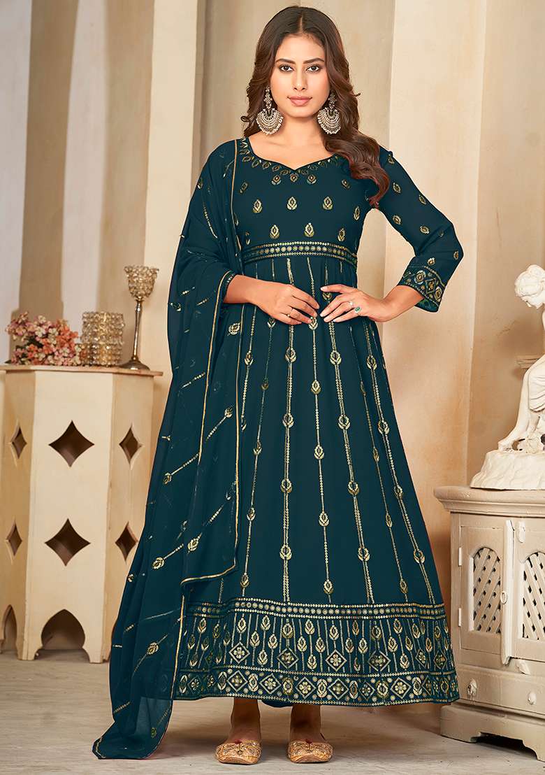 Rama Blue Embroidered Georgette Anarkali Kurta Set - Indya