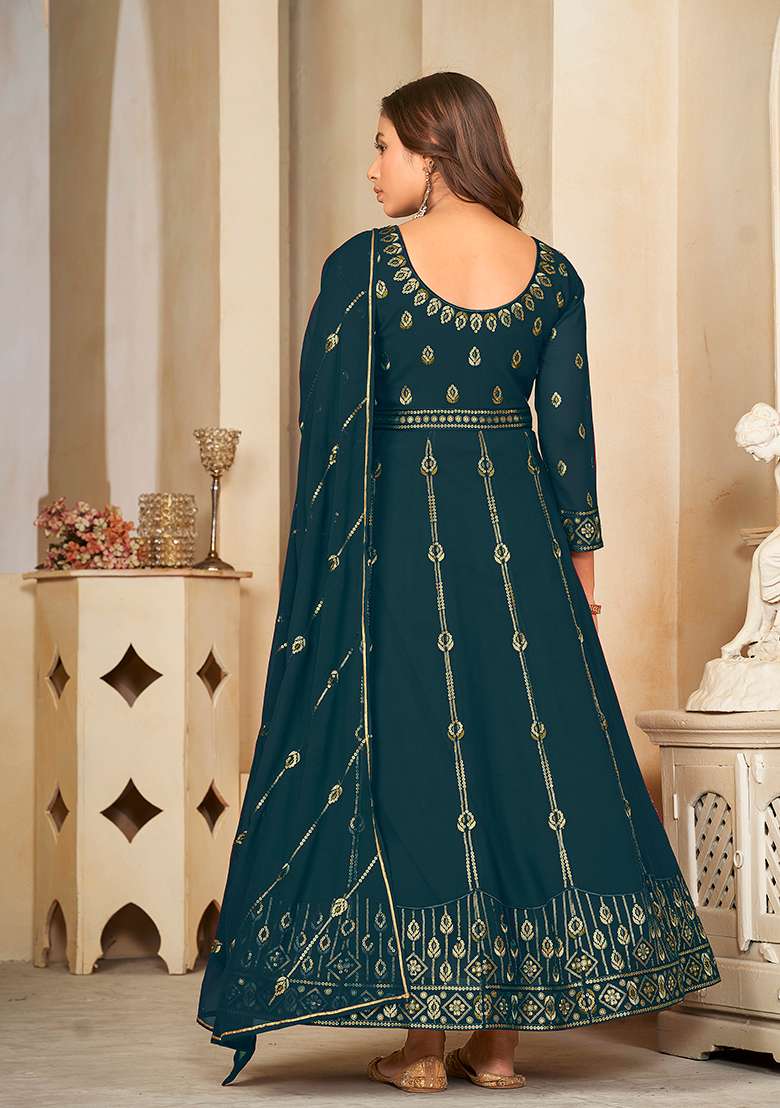Rama Blue Embroidered Georgette Anarkali Kurta Set - Indya