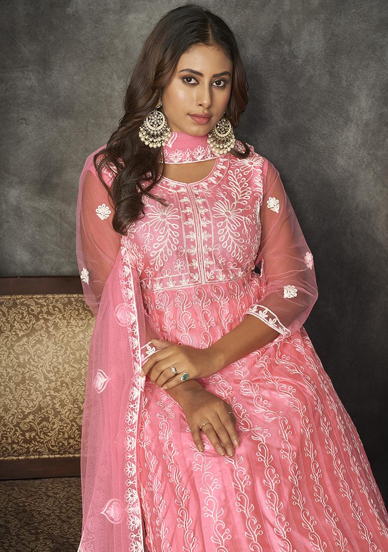 Peach Embroidered Net Anarkali Kurta Set