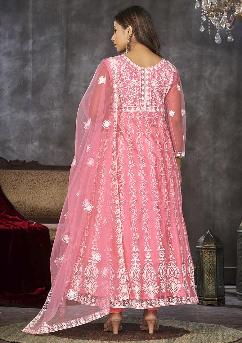 Peach Embroidered Net Anarkali Kurta Set