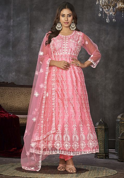 Peach Embroidered Net Anarkali Kurta Set