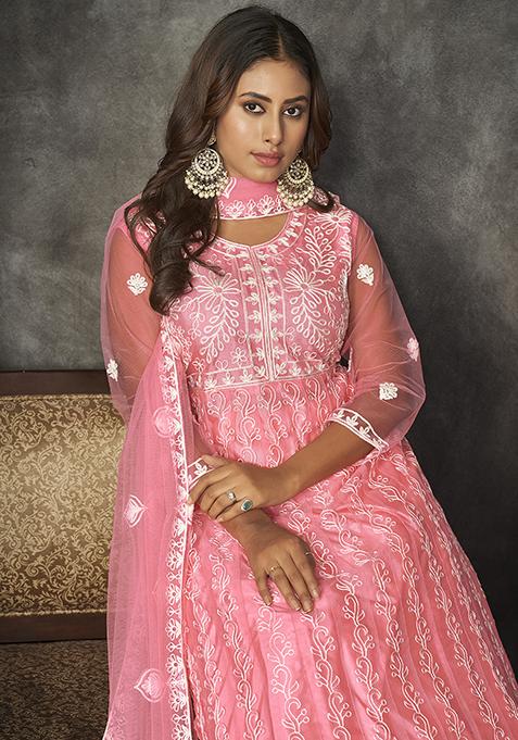 Peach Embroidered Net Anarkali Kurta Set