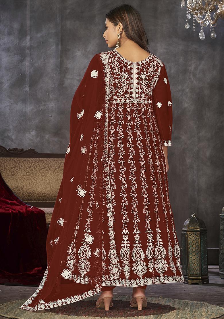 Maroon Embroidered Net Anarkali Kurta Set