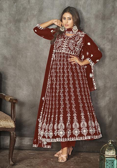 Maroon Embroidered Net Anarkali Kurta Set