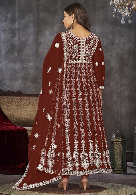 Maroon Embroidered Net Anarkali Kurta Set