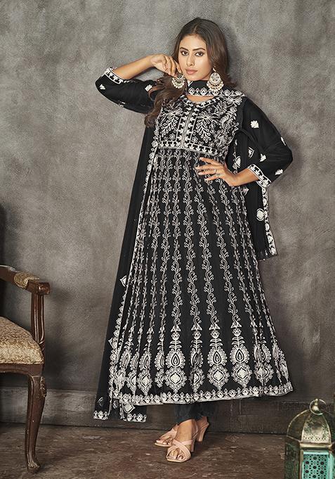 Black Embroidered Net Kurta Set