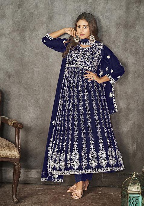 Blue Embroidered Net Kurta Set