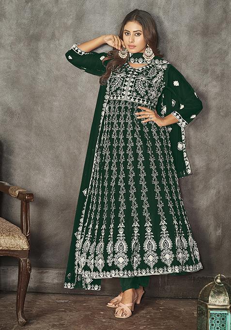 Green Embroidered Net Kurta Set