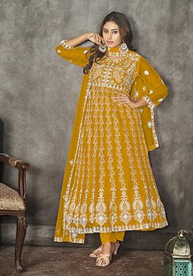Mustard Embroidered Net Kurta Set