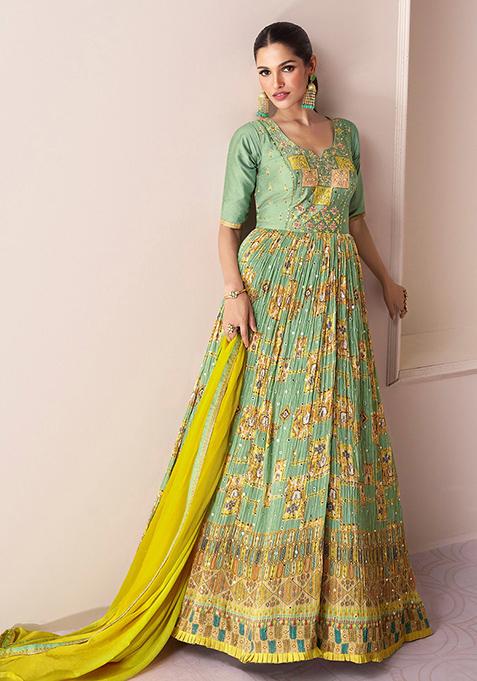 Green Embroidered Georgette Anarkali Gown Set