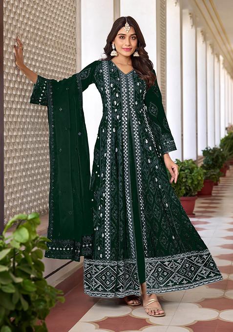 Green Thread Embroidered Faux Georgette Kurta Set