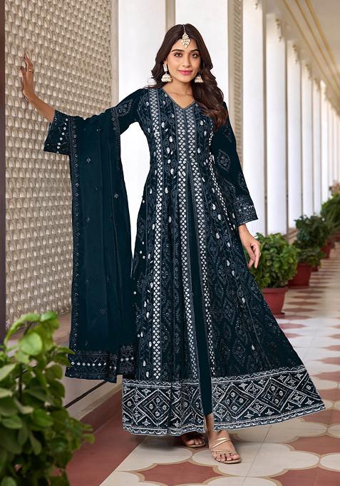 Teal Blue Thread Embroidered Faux Georgette Kurta Set