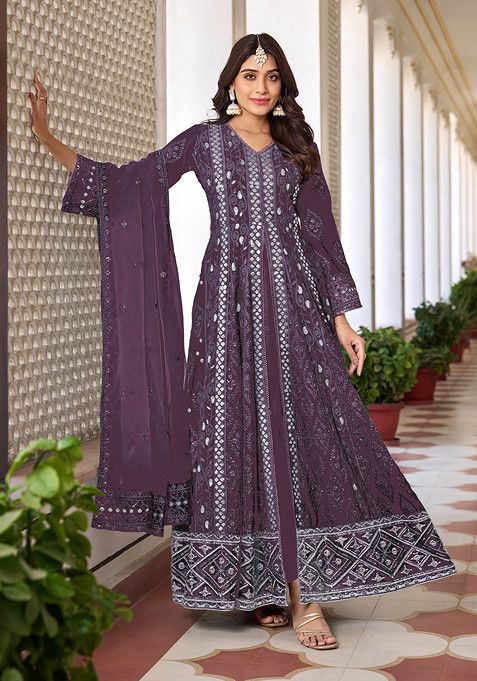 Mauve Thread Embroidered Faux Georgette Kurta Set