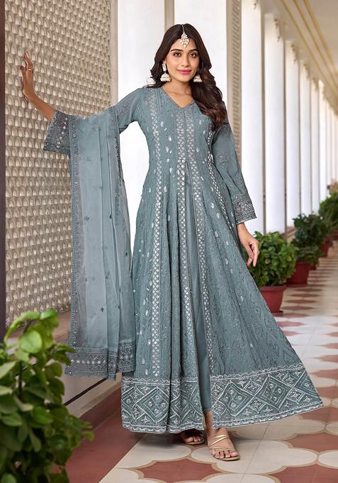 Grey Thread Embroidered Faux Georgette Kurta Set