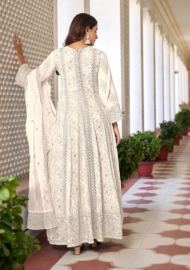White Thread Embroidered Faux Georgette Kurta Set