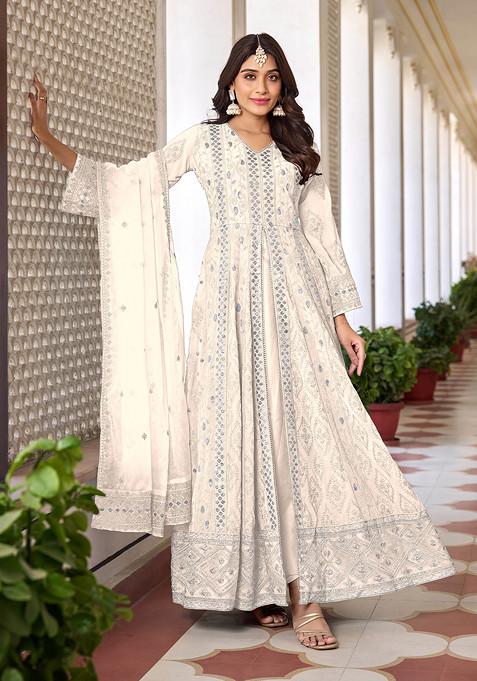 White Thread Embroidered Faux Georgette Kurta Set