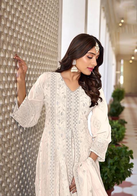 White Thread Embroidered Faux Georgette Kurta Set