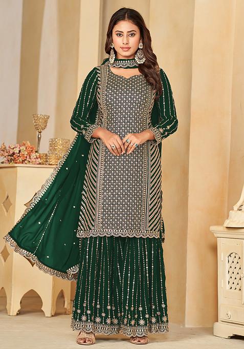 Green Embroidered Faux Georgette Kurta Set