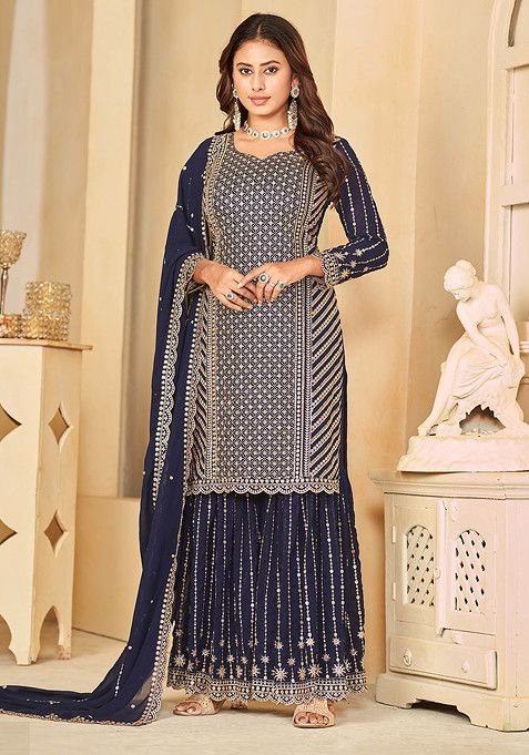 Blue Embroidered Faux Georgette Kurta Set