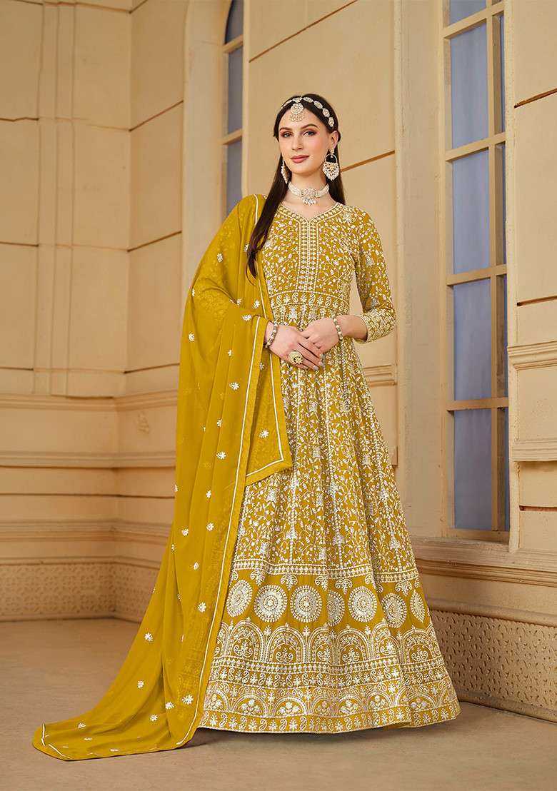 Mustard Embroidered Faux Georgette Kurta Set - Indya