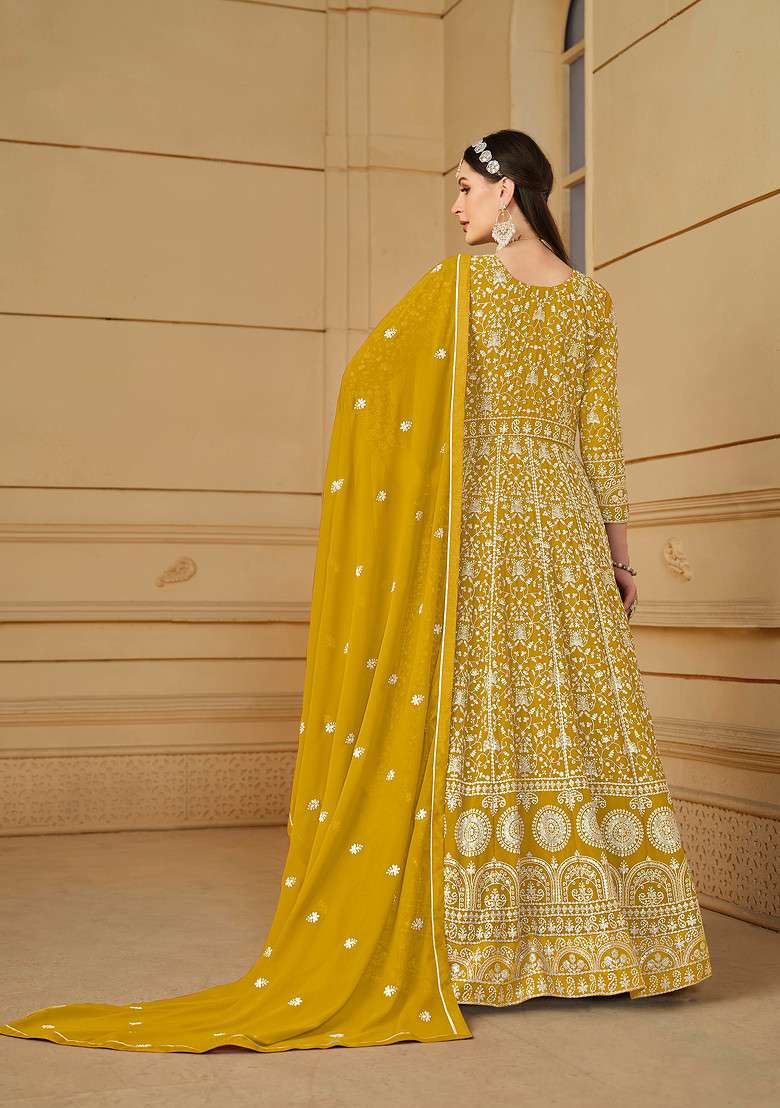 Mustard Embroidered Faux Georgette Kurta Set - Indya