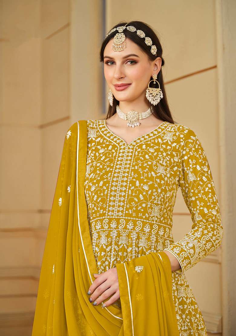 Mustard Embroidered Faux Georgette Kurta Set - Indya