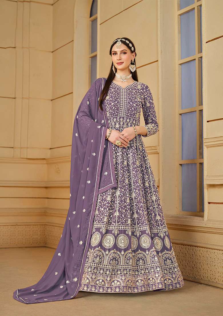 Purple Embroidered Faux Georgette Kurta Set - Indya