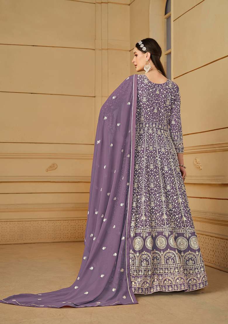 Purple Embroidered Faux Georgette Kurta Set - Indya