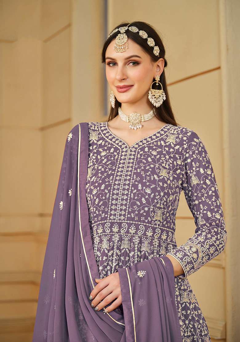 Purple Embroidered Faux Georgette Kurta Set - Indya