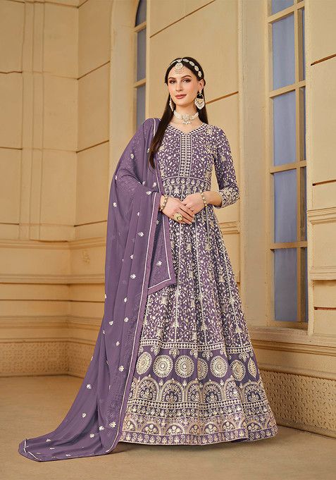 Purple Embroidered Faux Georgette Kurta Set