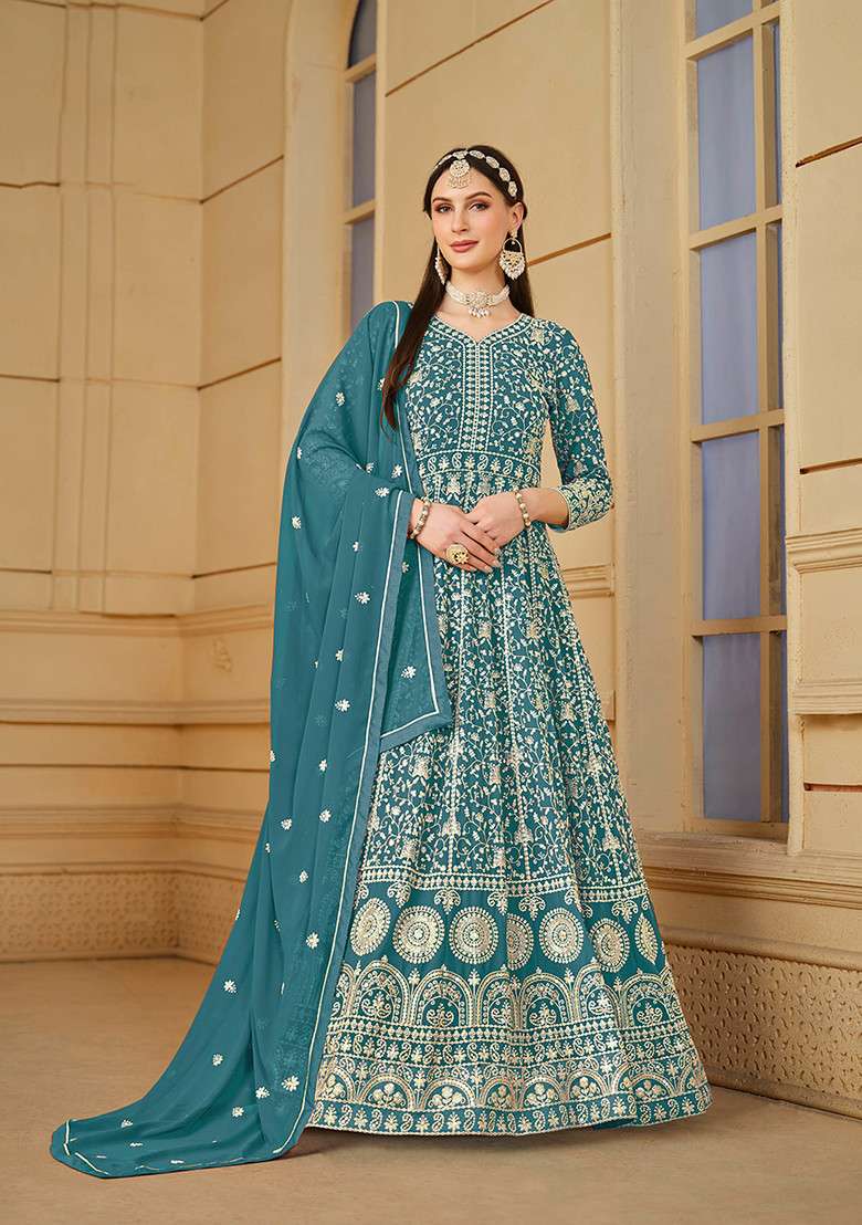 Teal Blue Embroidered Faux Georgette Kurta Set - Indya