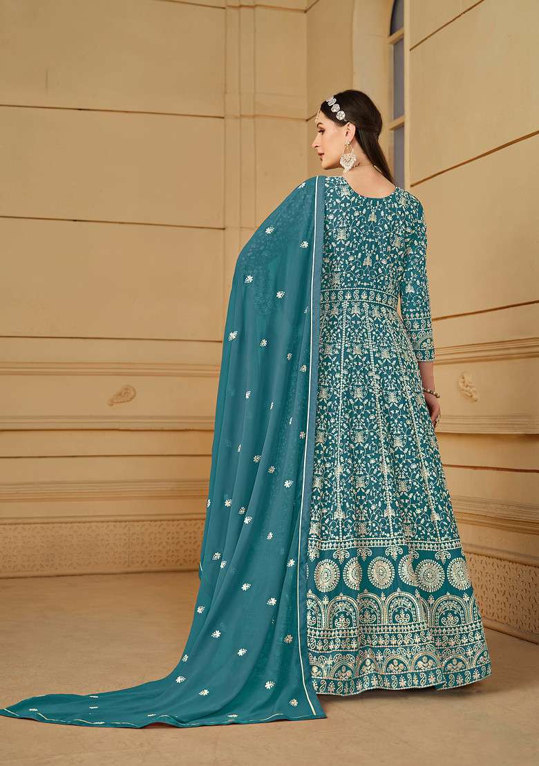 Teal Blue Embroidered Faux Georgette Kurta Set - Indya