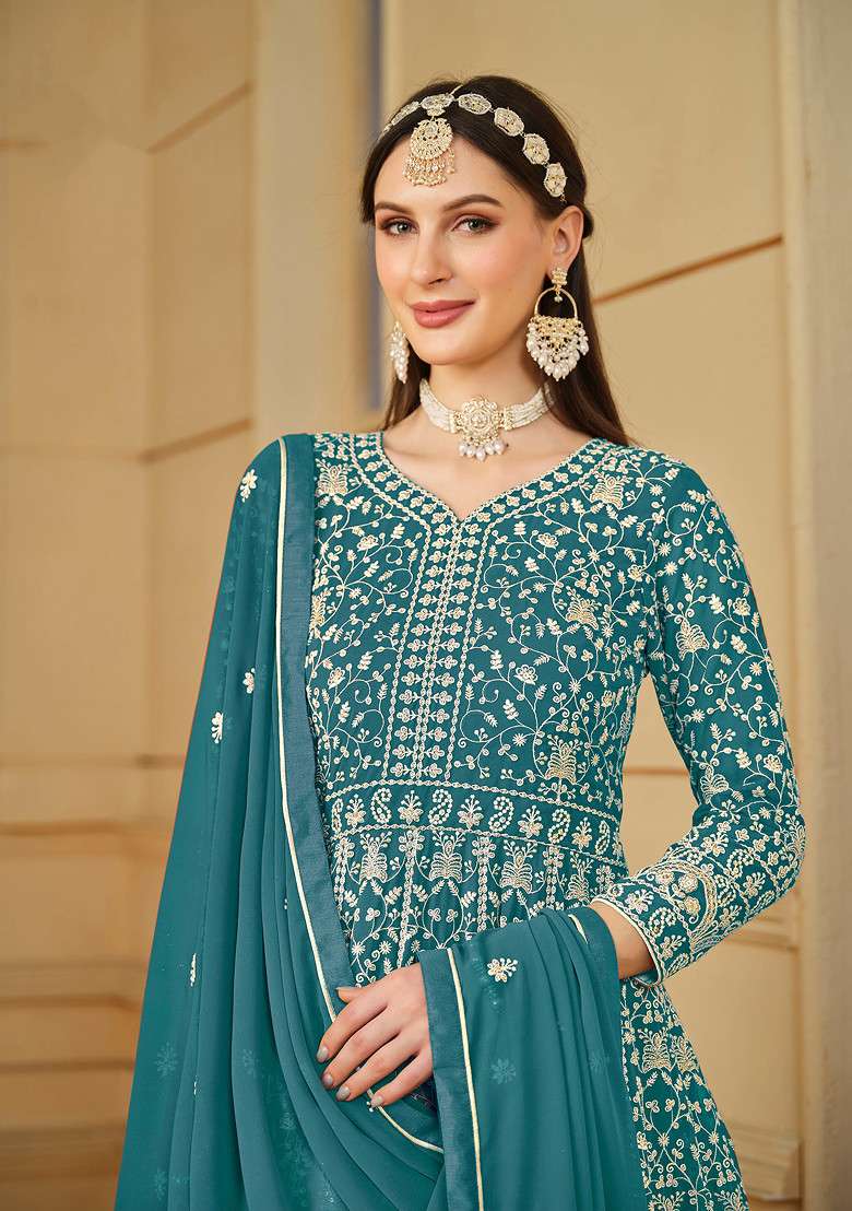 Teal Blue Embroidered Faux Georgette Kurta Set - Indya
