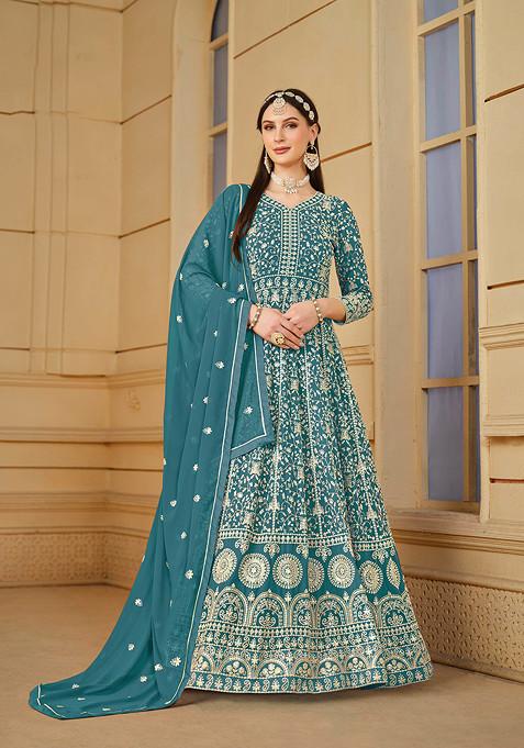 Teal Blue Embroidered Faux Georgette Kurta Set