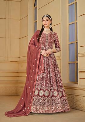 Brown Embroidered Faux Georgette Kurta Set