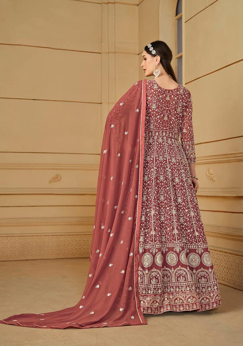 Brown Embroidered Faux Georgette Kurta Set - Indya