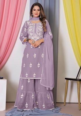 Purple Thread Embroidered Bamber Georgette Kurta Set