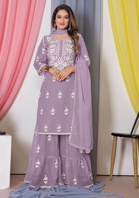 Purple Thread Embroidered Bamber Georgette Kurta Set