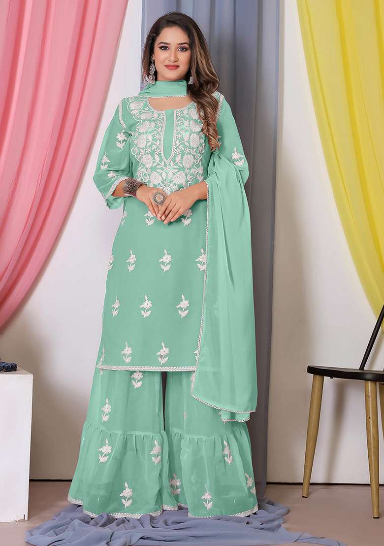 Sea Green Thread Embroidered Bamber Georgette Kurta Set - Indya