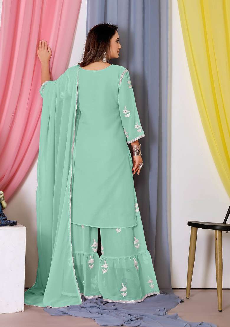 Sea Green Thread Embroidered Bamber Georgette Kurta Set - Indya