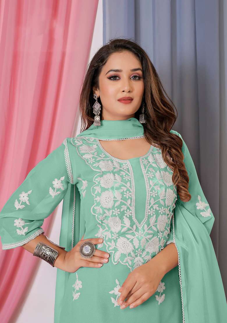 Sea Green Thread Embroidered Bamber Georgette Kurta Set - Indya