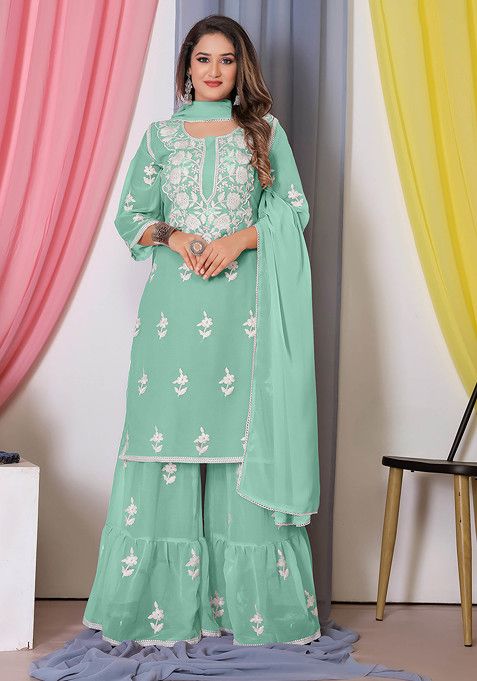 Sea Green Thread Embroidered Bamber Georgette Kurta Set